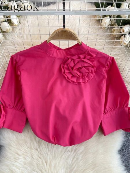 Blouses de femmes korejpaa Français Femme Femme Shirt Elegant Sweet 3d Fleur Round cou Blouse Femme Puff Sleeve Top Simple solide
