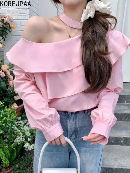 Blouses pour femmes Korejpaa doux rose hors de l'épaule chemises à manches longues 2024 printemps style français ébouriffé doux femmes hauts décontracté camisas