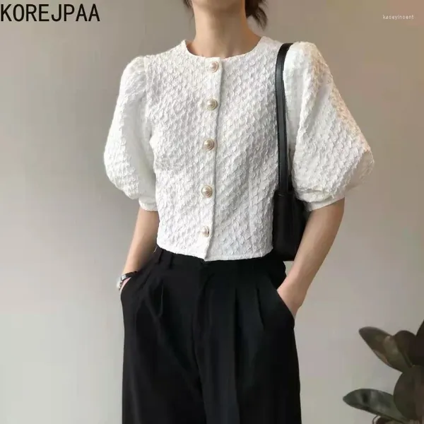 Blouses pour femmes Korejpaa printemps été femmes chemise mode coréenne plissée manches à bulles chemises élégant simple boutonnage cardigan chemisier court