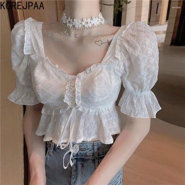 Blouses pour femmes korejpaa sweet couche couche femme manche blanche à manches blanches 2024 Summer French Style Chic Crops Mujer Elegant