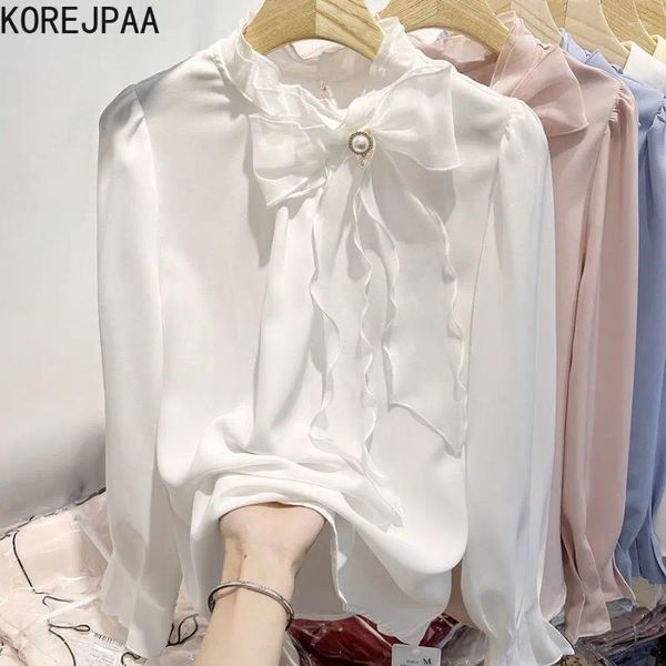 Blouses des femmes Korejpaa Femmes Shirt 2024 Spring French Style Tempérament coréen Color Solide Collier Organza Lace Up Up Creaded Chiffon