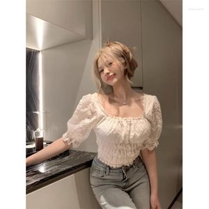 Women's Blouses Korobov Square Neck Puff Sleeve Lace Y2K Shirts vrouwen zomer uitgeholde ontwerp chique crop top Koreaanse mode camisas y