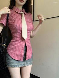 Damesblouses Korobov Gestreepte stropdasoverhemden Dames met korte mouwen Slanke revers Onregelmatigheid Preppy-stijl Top Koreaanse mode-camisa's