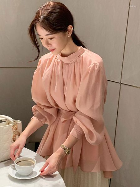 Blusas de mujer Korobov Temperamento Camisas suaves Gasa Cuello alto Diseño con cordones Top Manga de linterna Camisas de moda coreana sólida