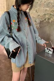 Women's Blouses Korobov Vintage geborduurd licht denim shirts vrouwen niche ontwerp losse BF Cardigan Jacket Korean Fashion Abrigo Mujer