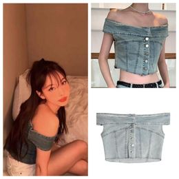 Blusas de mujer Kpop Girl Group TWICE Summer Y2k Fashion Shirt High Street Sexy Off Shoulder Crop Tops Single Breasted Denim