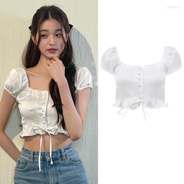 Blusas de mujer Kpop IVE Jang Won Young 2023, blusas blancas con cuello cuadrado, camisas con lazo de manga corta abullonadas, cárdigan dulce de calle alta de verano para mujer