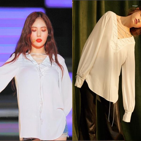 Blouses pour femmes Kpop Corée Célébrité Summer Blanc Y2k Pull à manches longues Shirt Femmes Volles en V Volute Voche à lacets