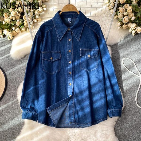 Blusas de mujer KUSAHIKI Vintage Demin Blusa Mujer 2024 Otoño Invierno Moda Bottoming Tops Causal Manga larga Turn-down Collar Jeans