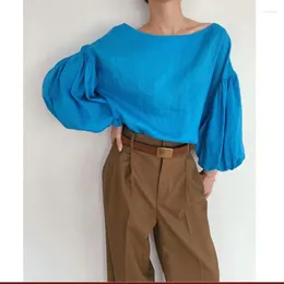 Blusas de mujer Kuzuwata Estilo japonés Blusa delgada holgada de lino elegante Mangas de linterna con cuello redondo Camisas simples Tops de color sólido con hombros descubiertos