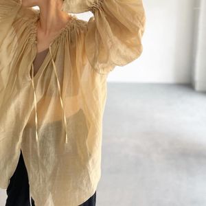 Blouses pour femmes Kuzuwata Japan Style Sleeves Puff Blouse lâche Slim Fit Cross Split Shirt Rucyd Feminino Office Simple Lady Femme Chic Tops