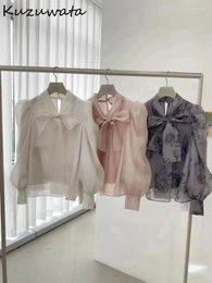 Kuzuwata – chemisiers pour femmes, col en V, manches bouffantes, chemise à lacets, couleur unie, frais, décontracté, imprimé japonais élégant, mode mousseline de soie