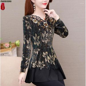 Blouses Femmes L-5XL 2023 Automne Automne Femmes Élégant Bureau Lady Vintage Lâche Peplum Tops Fleur Floral Impression Longue Tunique Chemises De Base