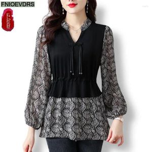 Blouses pour femmes L-5xl 2024 mignon à nœud papillon tops femmes Basic Wear Office Lady à manches longues rétro vintage à imprimé floral volant les chemises péplum