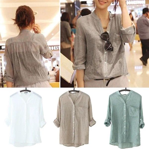 Blusas de mujer L/XL/XXL Cuello redondo Blusa tipo túnica Tops Oficina Casual Manga larga Botón suelto Adorno S/M/Color sólido