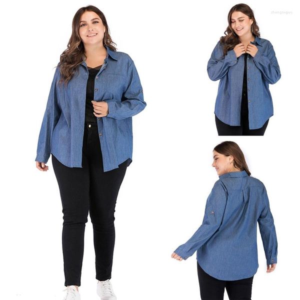 Blusas para mujer L5YA Camisa vaquera holgada para mujer, chaquetas elegantes, blusa con botones de talla grande, Tops clásicos de mezclilla de manga larga