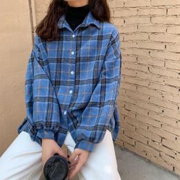 Blouses Femmes Laamei Chemise à col rabattu Femmes Plaid All-Match Harajuku Coréen Top Casual Bouton Oversize Batwing-Sleeve Streetwear