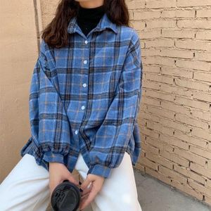 Women's Blouses Laamei Turn Down Collar Shirt Vrouwen plaid de hele wedstrijd Harajuku Koreaanse top casual oversized knop batwing-mouw streetwear