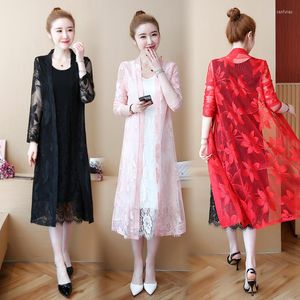 Women's Blouses Lace Cardigan vrouwen zomer lang shirt Koreaanse mode dames zwart wit roze rode kimono