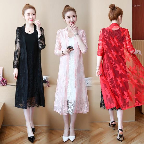 Chemisiers pour femmes Cardigan en dentelle Femmes Chemise longue d'été Mode coréenne Dames Noir Blanc Rose Rouge Kimono