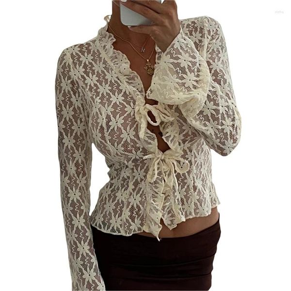 Blouses Femmes Dentelle Floral Top Coquette Esthétique Vêtements Femmes Flare Manches Longues Cravate Avant Sheer Cardigan Chemise Y2k Mode Clubwear