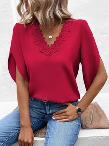 Blouses Femmes Dentelle Pour Femmes Mode Col V Chemises À Manches Courtes Chemisier Bureau Dame Printemps Été Casual Lâche Solide 2024 Tops élégants