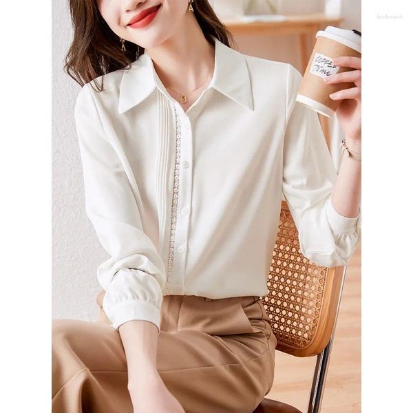 Blusas de mujer de encaje ahuecadas de diseñador blusa blanca de oficina para mujer cuello vuelto camisas de manga larga para primavera y otoño para mujer S-XXL