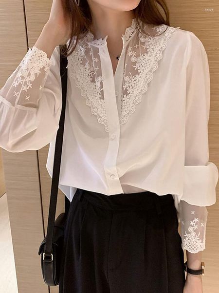 Blusas de mujer Camisas de gasa con retazos de encaje Blusa blanca de manga larga de otoño para mujer Camisas elegantes de estilo francés con un solo pecho y delgadas