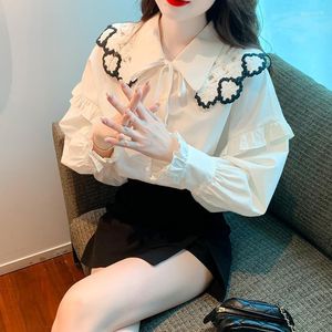 Women's Blouses Lace Shawl Lace-Up Turn-Down Collar Shirt Women 2023 Spring mode ruche ruche lange mouw losse witte blouse kantoor dame formeel