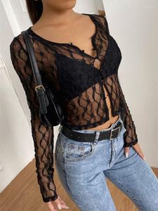 Chemisiers pour femmes Dentelle Sheer Sexy Chemises Femmes À Manches Longues Boutonné Mince Crop Tops Voir À Travers Club Plage Et Femme D'été