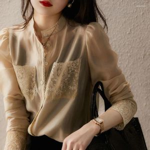 Women's Blouses Lace Shirt Dames Tops Office Lady Fashion Embroidery Splicing 2022 Button Vintage Chiffon Cloths Elegant 24352