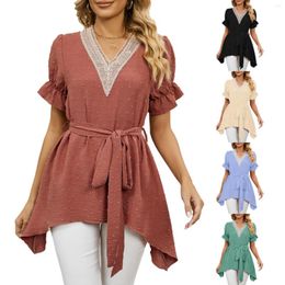 Blouses pour femmes dentelle couture col en V été à volants chemises habillées femmes formelles mode Blte cravate taille fête tunique Blouse Blusa Feminina