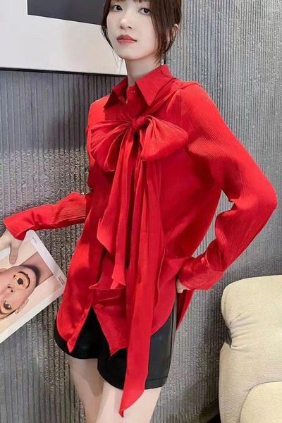 Chemisiers à lacets avec gros nœud pour femmes, chemise longue, ample et décontractée, manches de printemps, rouge, bureau, Chic, dessus de chemise, 2024