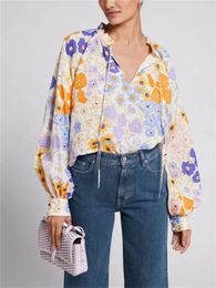 Blouses pour femmes à lacets femmes chemise à col rond imprimé fleuri coloré Style de vacances à manches longues 2023 printemps été femme Blouse