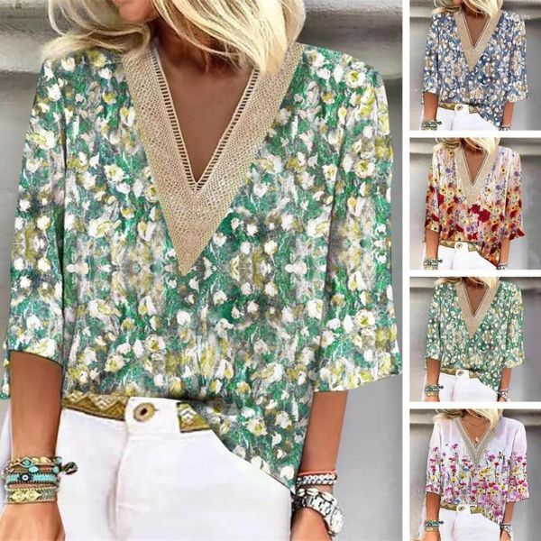 Blusas de encaje para mujer Top estampado de flores coloridas cuello en V ahueca hacia fuera mangas tres cuartos un elegante transpirable para verano primavera