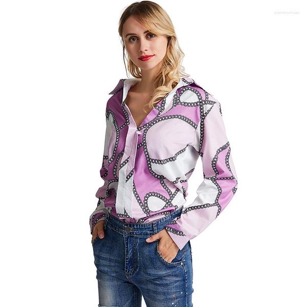 Femmes Blouses Dames 2022 Mode À Manches Longues Col Rabattu Bureau Chemise Chaîne Imprimé Blouse Casual Tops Blusas Femininas