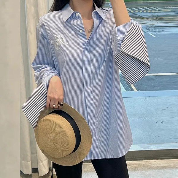 Blusas De Mujer Camisa A Rayas Azul Y Blanca De Viajero para Mujer Exquisito Bordado Moda Temperamento Solapa Neutral Blusa De Un Solo Pecho