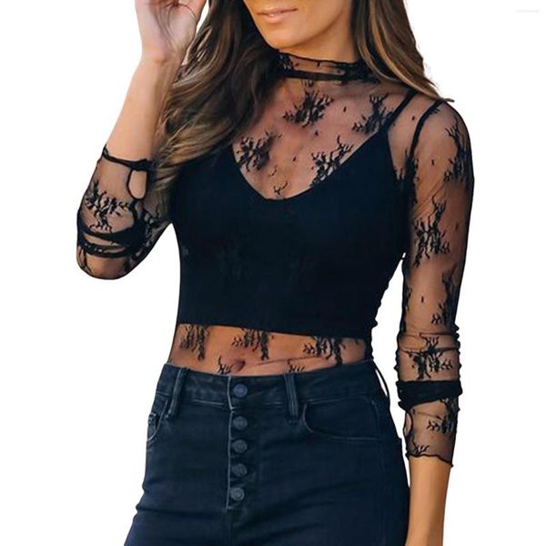 Blusas de mujer Pestañas de encaje Sexy Sheer Top Mujer Algodón Manga corta Camisetas Mujer Loose Fit