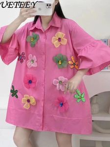 Blouses pour femmes Fashion 2024 Summer Diamond Top 3D Fleur Fleure à demi-manches Blouse de chemise de longueur mi-longue pour les femmes