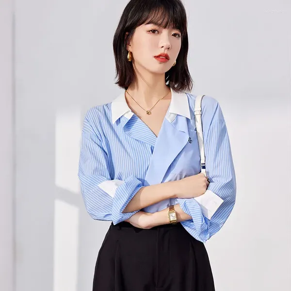 Blouses pour femmes Dames Mode Casual Chemises À Rayures Bleues Chemisier Haut Pour Femme Femme Chemise Boutonnée Femme Filles À Manches Longues Py6203