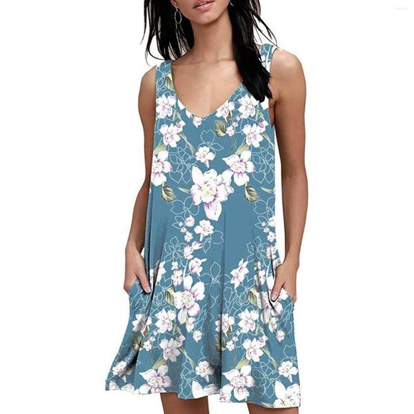 Blusas de mujer Moda para mujer Cuello en V Estampado de flores Sin mangas Tank Top Pocket Dress