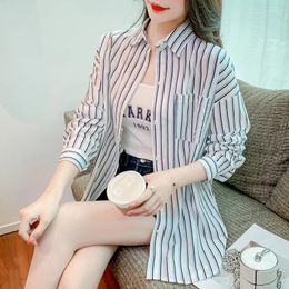 Damenblusen Damen Korean Fashion Casual Stripe Shirts Bluse Frauen Tops Frau Button Up Shirt Weibliche Mädchen Langarm BPy8648