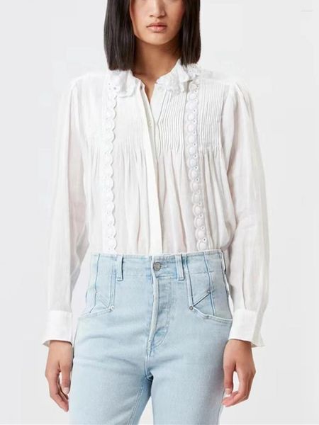 Blusas de mujer Camisa con cuello con volantes y adornos de encaje para mujer Botones cubiertos Manga de linterna Blusa elegante con temperamento blanco para mujer Primavera 2024