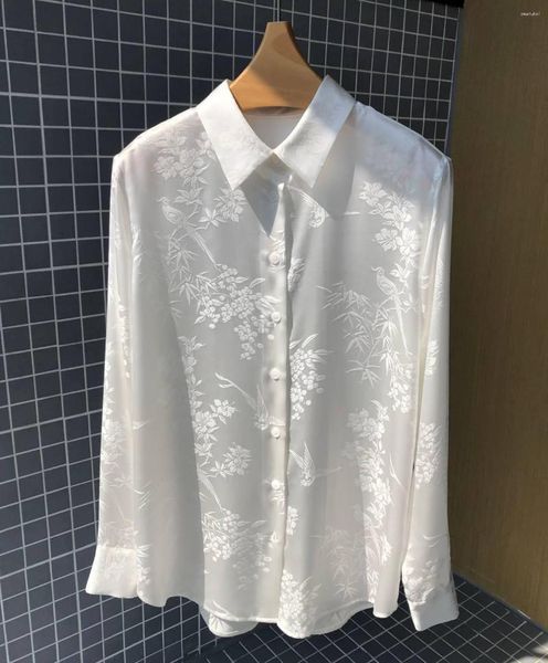 Blouses pour femmes dames silk sombre motif jacquard chemise à manches longues lisses lisse - 2023 texturé