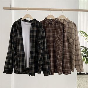 Chemisiers pour femmes dames Simple chemise à la mode Plaid surdimensionné marron haut col à revers décontracté mode lâche sauvage à manches longues doux Y2k 2023