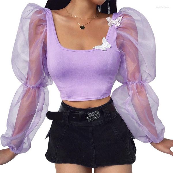 Blouses pour femmes dames couleur unie maille manches bouffantes col en U haut court automne femmes papillon décoration hauts pullover femme chemise décontractée