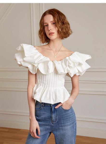 Blusas de mujer de verano Sexy con cuello en V sin espalda con pliegues camisa blanca con volantes volando de manga corta con cremallera trasera túnica delgada Tops