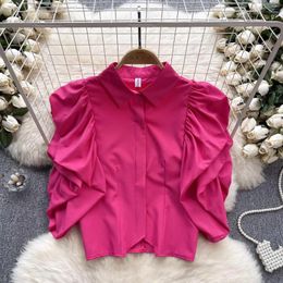 Blouses pour femmes dames d'été Single Black blanc Shirt Short Shirt Spring Fold Puff Sleeve Solid Long 8 Couleurs Tops