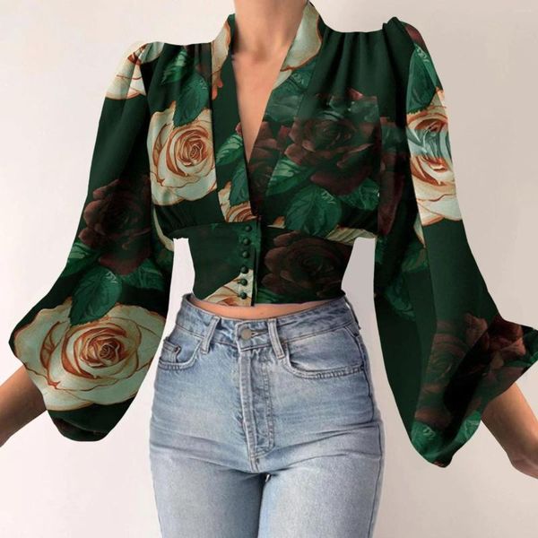 Blusas de mujer Camisa de manga con cuello en V con botones y temperamento para mujer Camisas largas ajustadas Chaqueta con flecos para mujer