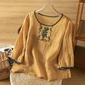 Blouses pour femmes Top Broidered O Coule Summer Blouse Élégant 3/4 Sleeve Cotton Linn Femme Vintage Couleur solide Lady